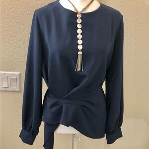 Gracia Navy Blue Blouse with Fabric Folding Accents